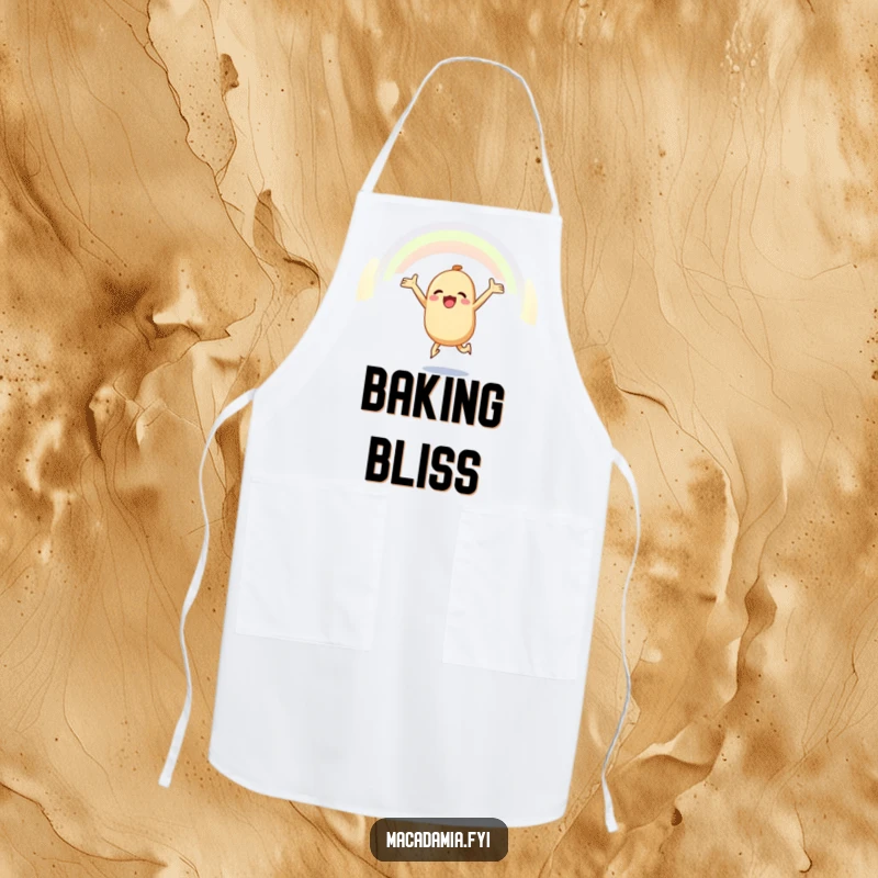 Funny macadamia nut apron showcasing a macadamia nut leaping joyfully towards a rainbow, adding inspirational charm to cooking.