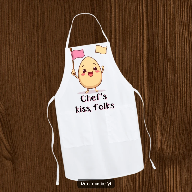 Funny apron with a macadamia nut character excitedly waving a tiny flag with a funny face, ready for festive cooking.