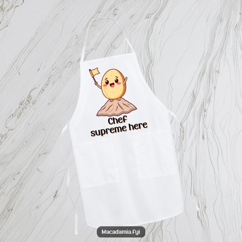 Funny Macadamia Nut character waving a miniature flag on a tiny mountain peak, perfect for humorous kitchen use and cooking.