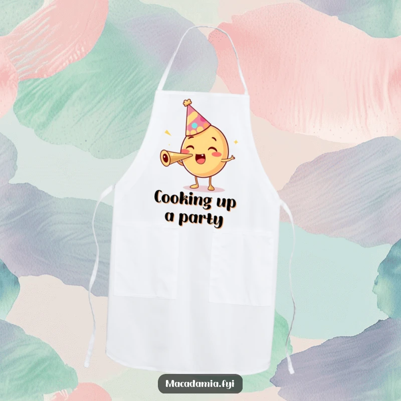 Funny apron with a macadamia nut character in a party hat, excitedly blowing a party horn, perfect for festive kitchen fun.