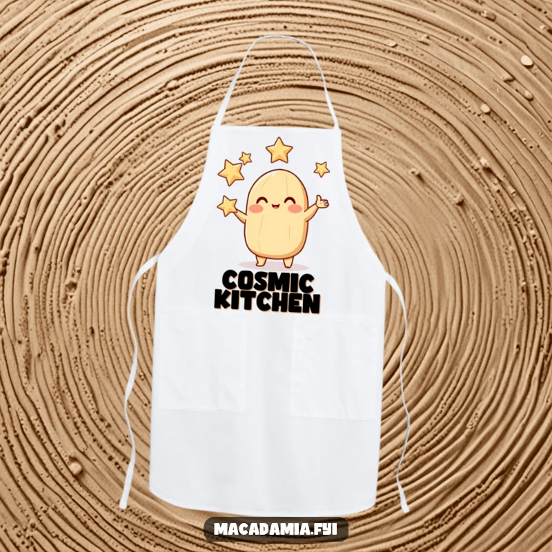 Funny macadamia nut apron showing a rosy-cheeked character juggling sparkling stars, perfect for a celestial cook.