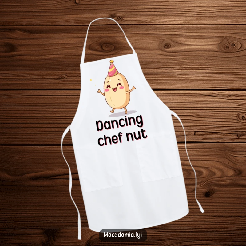 Funny macadamia nut apron showing a nut in a party hat dancing, ideal for kitchen celebrations and cooking fun.