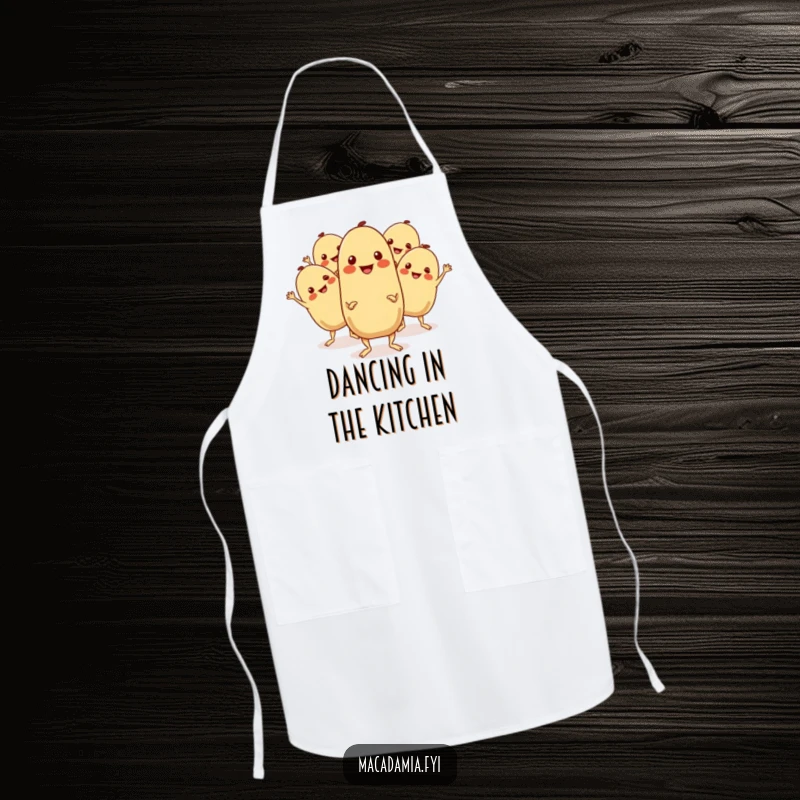 Funny Macadamia Nut Apron: A group of macadamia nuts boogie with cheerful expressions and wiggling limbs, perfect for kitchen fun.