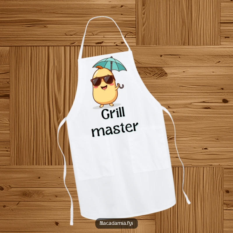 Funny apron featuring a giggling macadamia nut character wearing sunglasses and holding a tiny umbrella, cooking with fun.