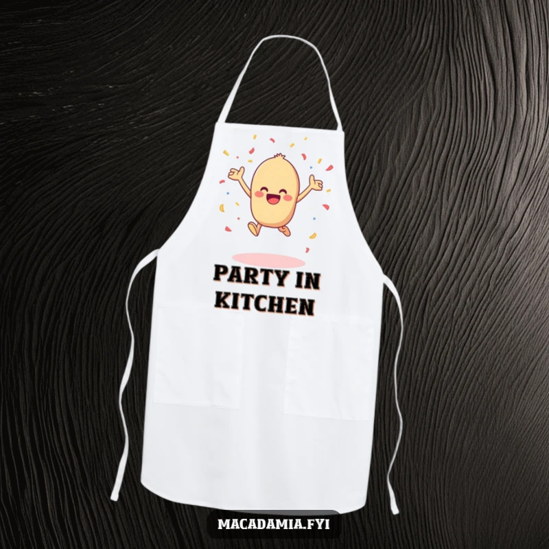 Funny kawaii macadamia nut leaping with joy and tossing confetti in the air, perfect for this humorous cooking apron.