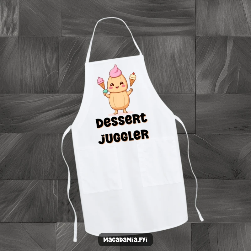 Funny kawaii macadamia nut juggling three small ice cream cones, perfect for a humorous cooking apron.