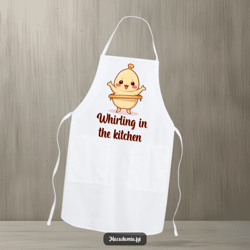 Funny apron with a kawaii macadamia nut cheerfully spinning a hula hoop, ready for kitchen fun with energetic, humorous flair.