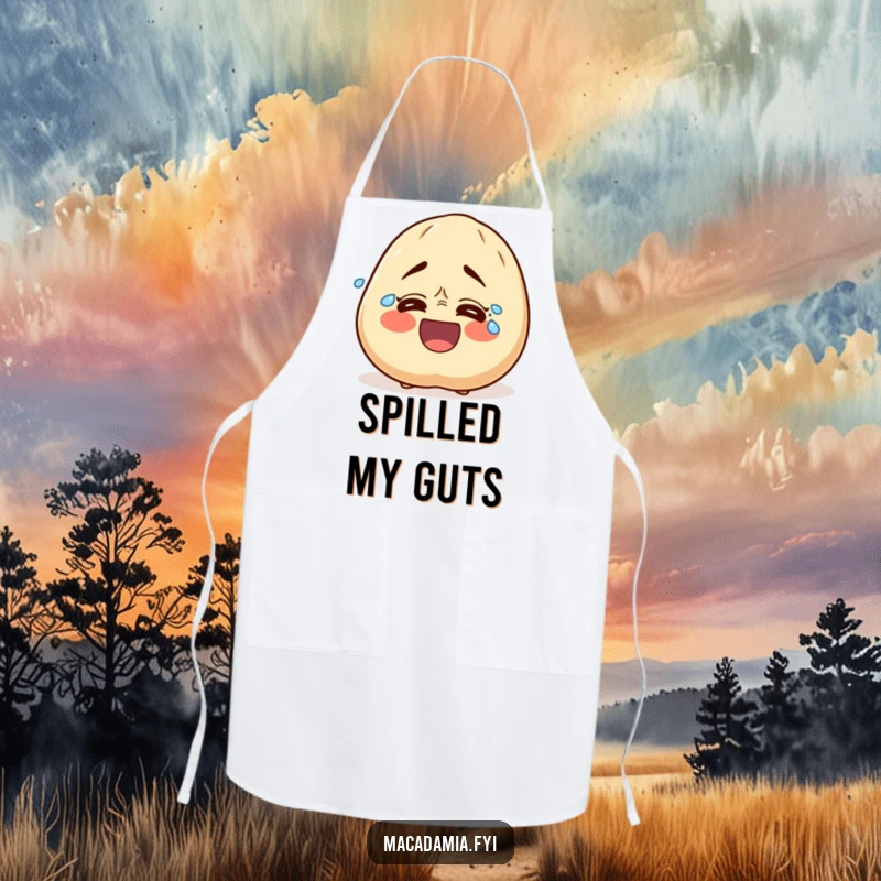 Funny apron featuring a macadamia nut character in hysterics, tears streaming from its eyes, perfect for a cook who loves to laugh.