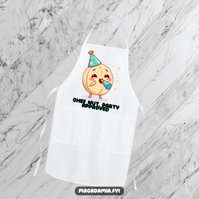 Funny macadamia nut wearing a party hat, blowing a noisemaker with gusto, featured on a durable apron for kitchen fun.