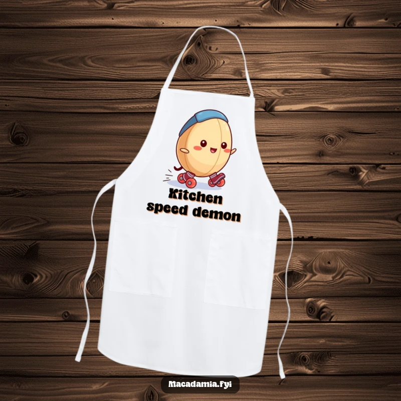 Funny macadamia nut apron showcasing a macadamia nut in miniature roller skates, rolling downhill with joy, perfect for cooking.