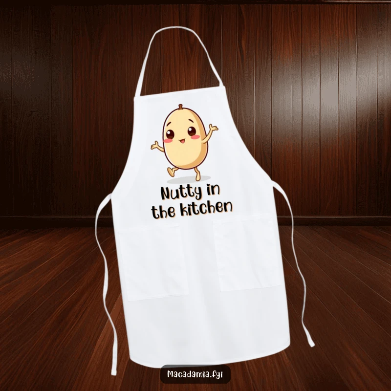 Funny macadamia nut character with wobbly legs performing a silly dance in a chef's apron, a humorous kitchen item.