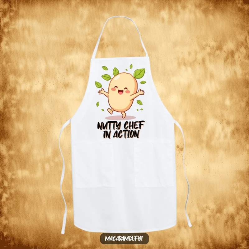 Funny macadamia nut character cartwheeling energetically, leaves flying, printed on a practical and humorous kitchen apron.