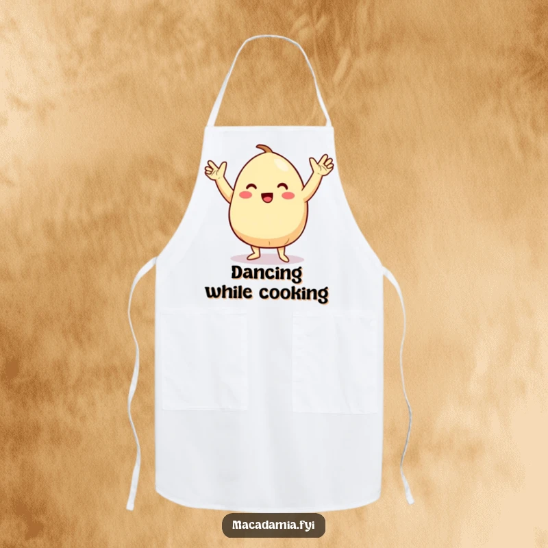 Funny apron with a macadamia nut character doing a silly, energetic dance with arms in the air, perfect for kitchen dance parties.