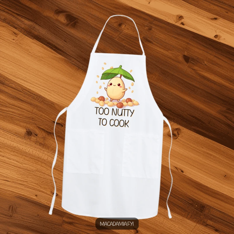 Funny macadamia nut character with leaf umbrella, caught in a candy nut drizzle, kitchen apron for a funny gift.