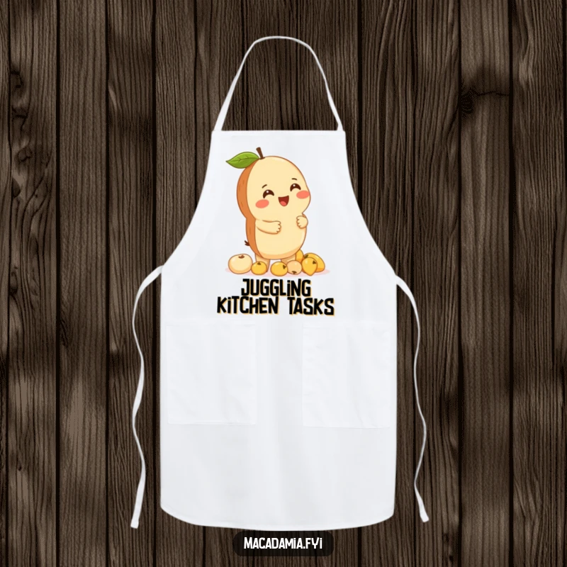 Funny macadamia nut giggling while balancing a stack of tiny fruits, on a durable apron for kitchen amusement.