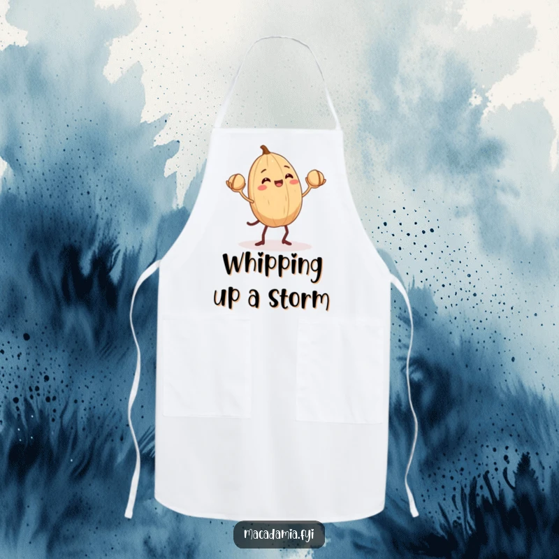 Funny Macadamia Nut Apron: A macadamia nut with tiny legs enthusiastically juggles three smaller nuts, perfect for a humorous cook.