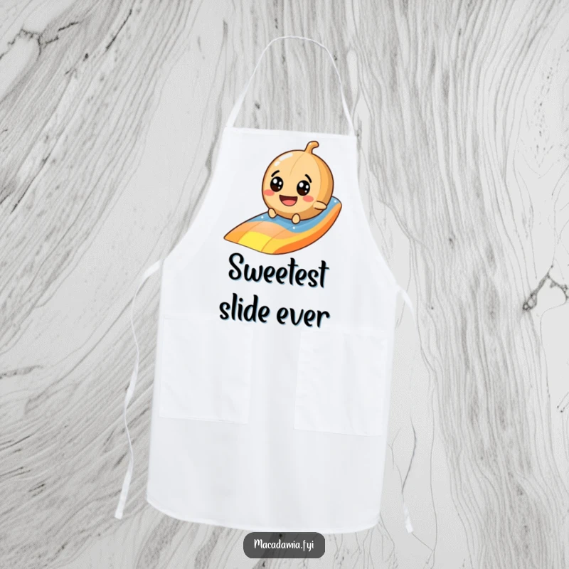 Funny macadamia nut apron depicting a googly-eyed character sliding down a colorful rainbow, perfect for a cheerful cook.