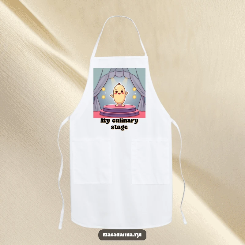 Funny macadamia nut character dramatically posing on a tiny stage, kitchen apron, perfect funny gift.