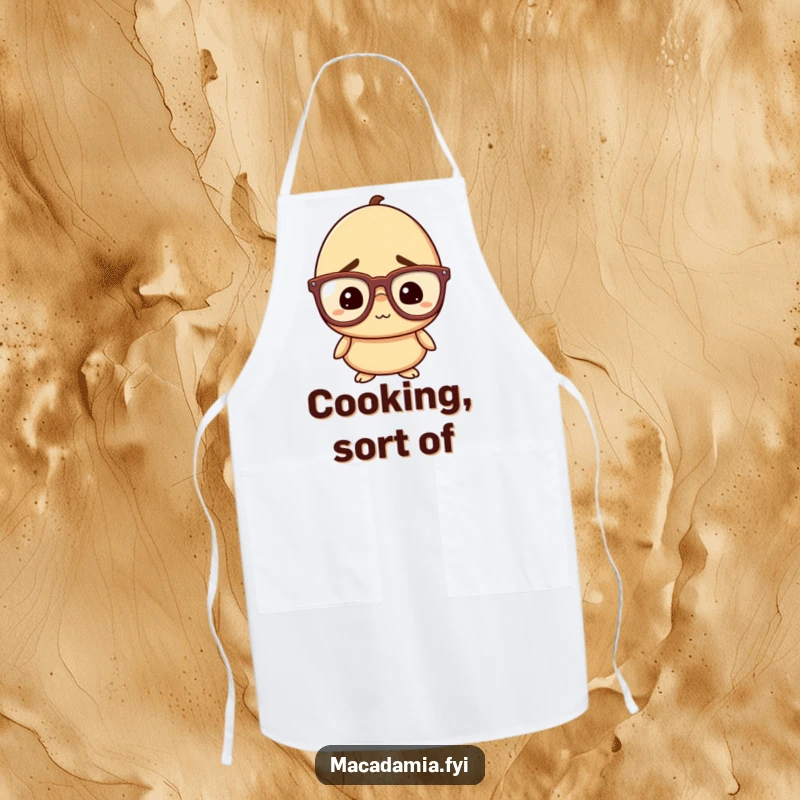 Funny Nut Apron: A macadamia nut character with oversized glasses looks confused but amused, making this a humorous and practical kitchen item.