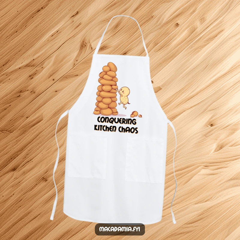 Funny apron design with a macadamia nut character attempting to climb a giant, wobbly stack of macadamia nuts, ready for culinary challenges.