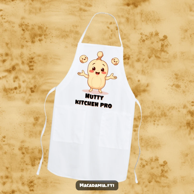 Funny apron design with a macadamia nut character happily juggling three tiny, smiling macadamia nuts, ready for kitchen duty.