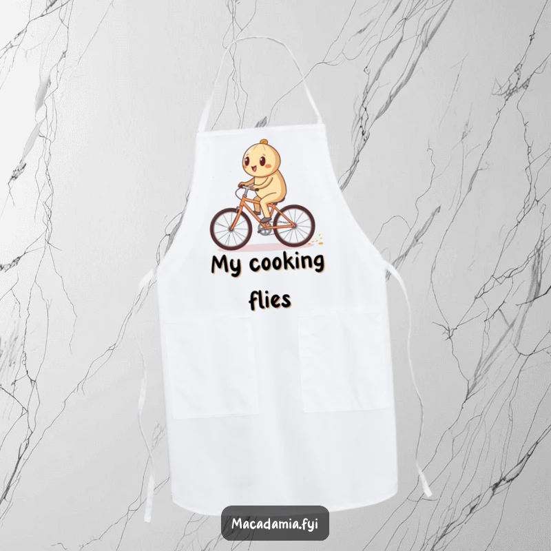 Funny macadamia nut character riding a bicycle quickly on a kitchen apron, leaving a sparkling trail, a fun funny gift.