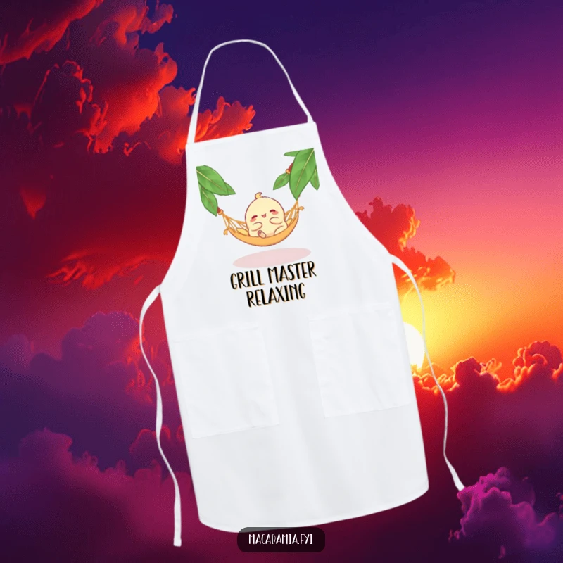 Funny Macadamia Nut Hammock Apron: A blissful macadamia nut character lounging in a hammock, adding a humorous and relaxed touch to kitchen activities.