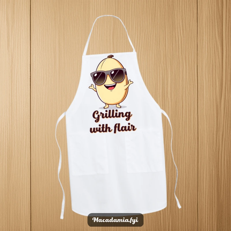 Funny macadamia nut apron showing a nut in oversized sunglasses with a silly grin, posing playfully while cooking.