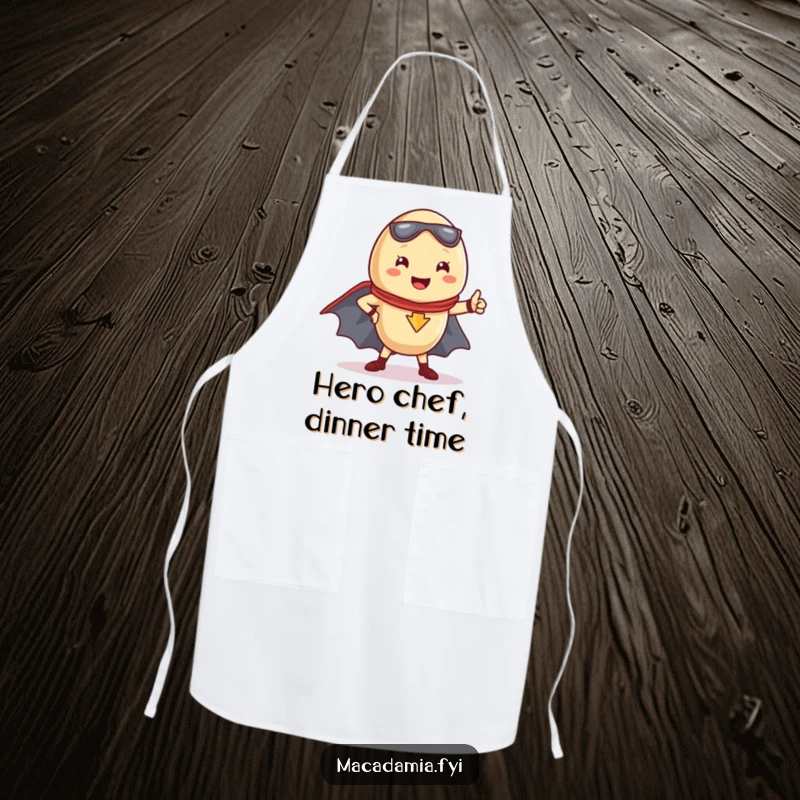 Funny Kawaii macadamia nut in a superhero stance, cape flying, printed on a protective kitchen apron.