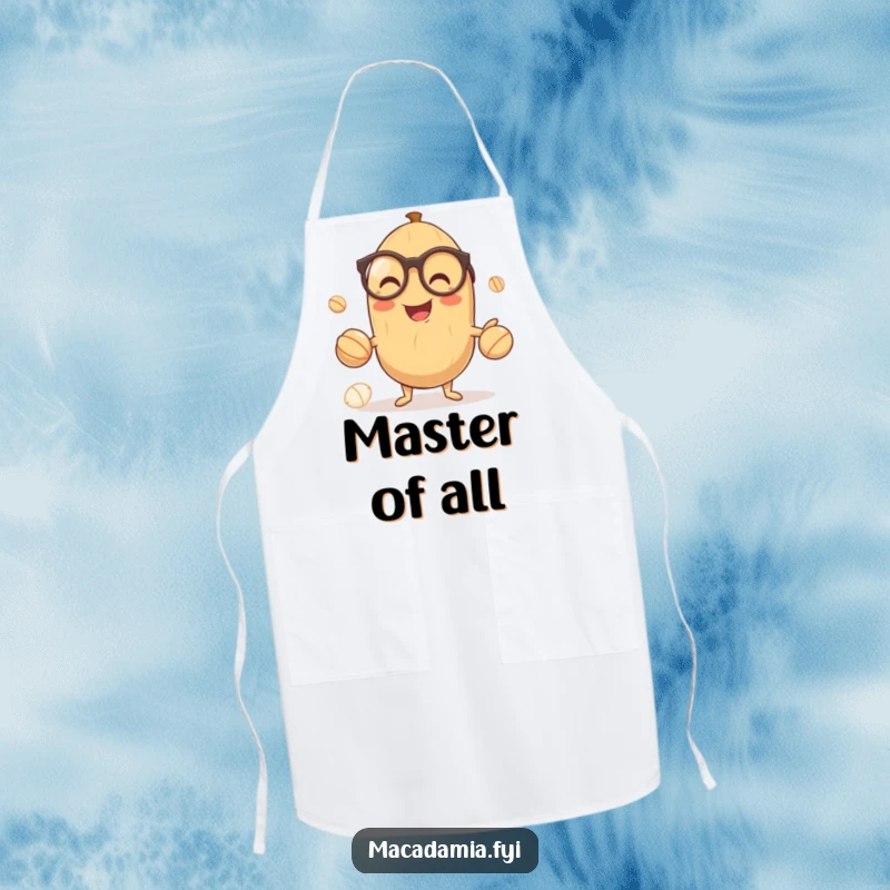 Funny apron showcasing a smiling macadamia nut in glasses, gleefully juggling three smaller nuts, perfect for the witty cook.