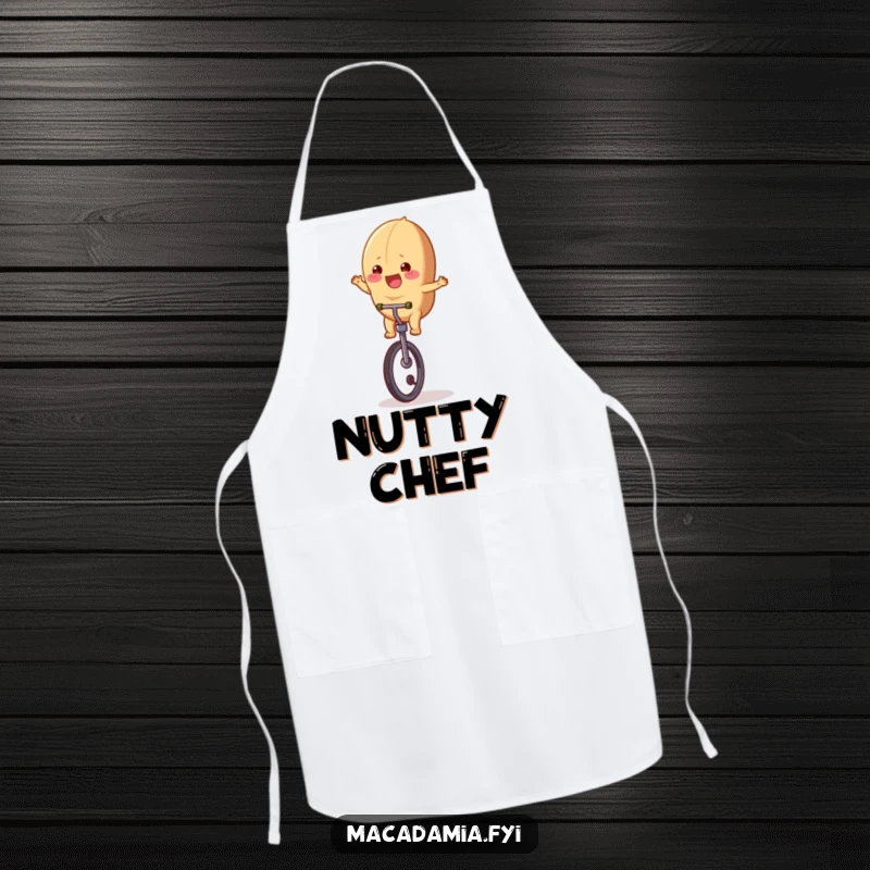 Funny macadamia nut character on a unicycle, ready to cook, featured on a practical and humorous kitchen apron.