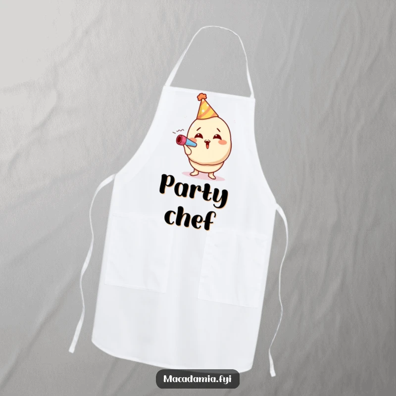 Funny macadamia nut apron showing a character in a party hat excitedly blowing a noisemaker, ready to host a festive feast.