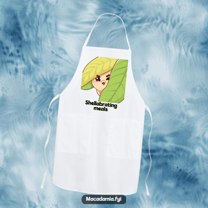 Funny Macadamia Nut Apron showing a mischievous nut peeking from behind a leaf, winking playfully while you cook.