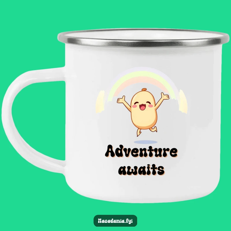 Funny Macadamia Nut Camping Mug: Joyful Rainbow Leap, Inspirational Outdoor Companion Gift
