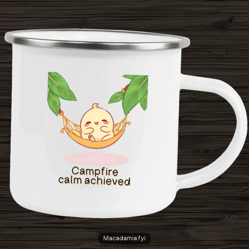 Funny Macadamia Nut Hammock Camping Mug: A blissful macadamia nut lounging in a hammock, perfect for enjoying the outdoors with humorous relaxation.