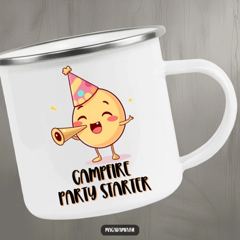 Funny enamel camping mug with a macadamia nut character in a party hat, excitedly blowing a party horn, for outdoor celebrations.