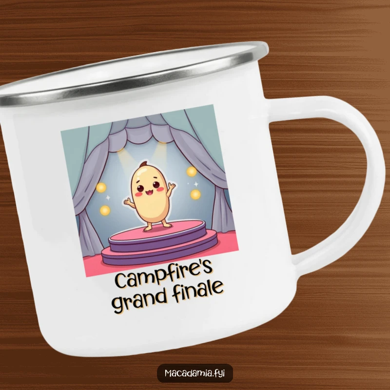 Funny macadamia nut character dramatically posing on a tiny stage, durable camping mug, awesome funny gift.