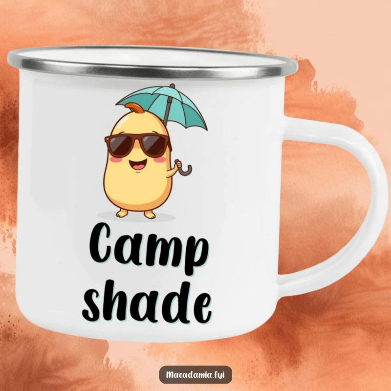 Funny camping mug with a giggling macadamia nut character wearing sunglasses and holding a tiny umbrella, enjoying the outdoors.