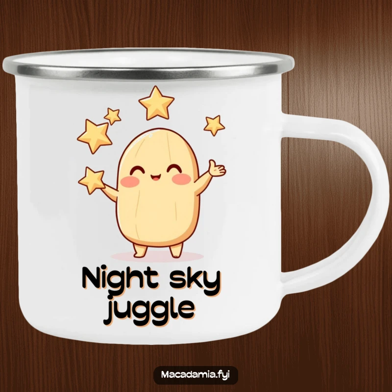 Funny macadamia nut camping mug showing a rosy-cheeked character juggling sparkling stars, perfect for celestial campfires.
