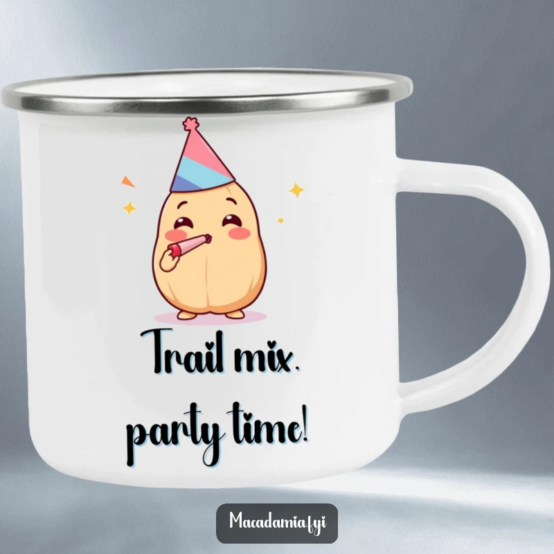 Funny Kawaii macadamia nut with party hat and noisemaker, perfect for outdoor fun on a camping mug.