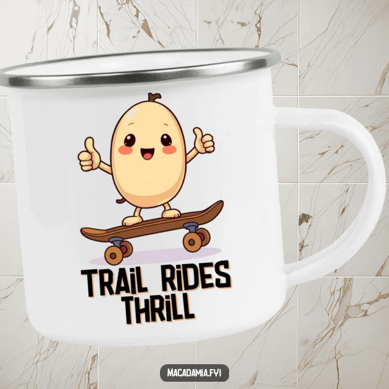 Funny enamel camping mug with a kawaii macadamia nut giving a thumbs up while balancing on a skateboard, perfect for outdoor lovers with a cool and humorous side.