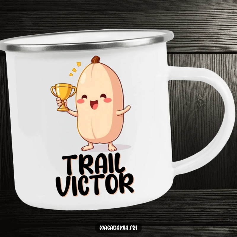 Funny macadamia nut camping mug showing a triumphant character holding a tiny trophy, celebrating outdoor achievements.