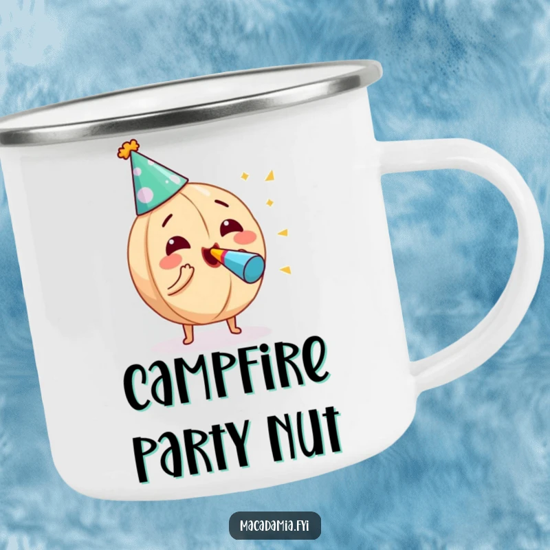 Funny macadamia nut wearing a party hat, blowing a noisemaker with excitement, on a durable camping mug for festive adventures.
