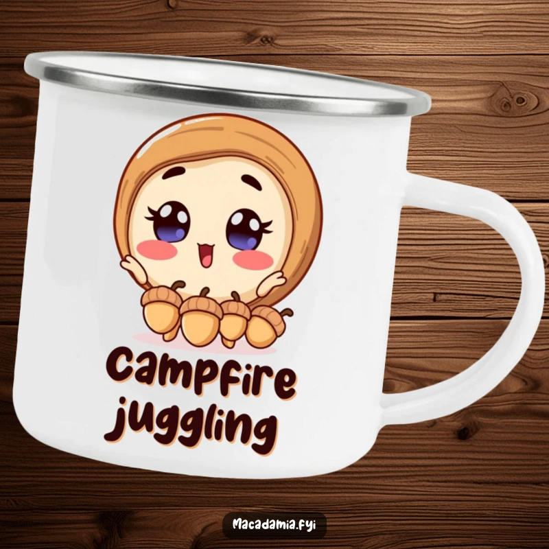 Funny macadamia nut camping mug featuring an excited macadamia nut with wide eyes, juggling acorns, perfect for outdoor drinks.