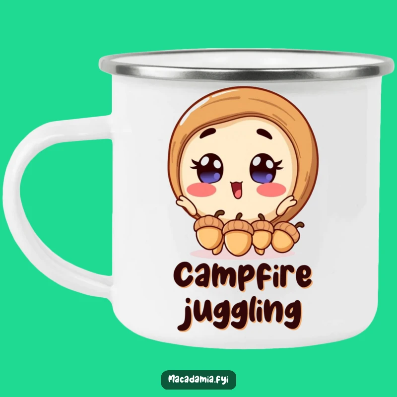 Funny Macadamia Nut Camping Mug: Excited Acorn Juggler, Rugged Humor for Outdoor Adventures Gift