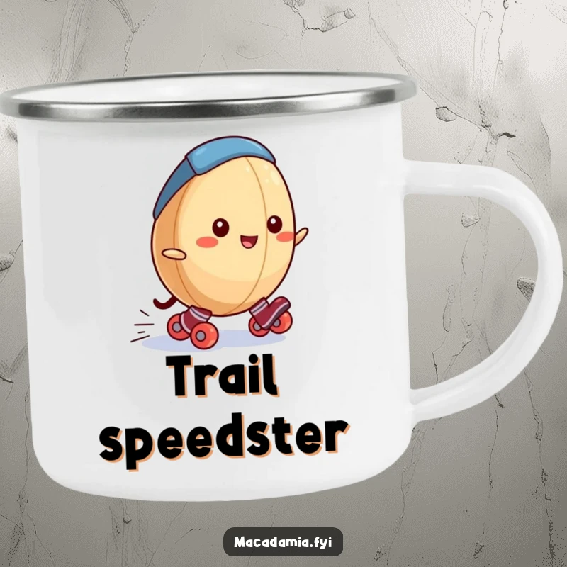 Funny macadamia nut camping mug featuring a macadamia nut in miniature roller skates, happily rolling downhill, perfect for outdoor drinks.