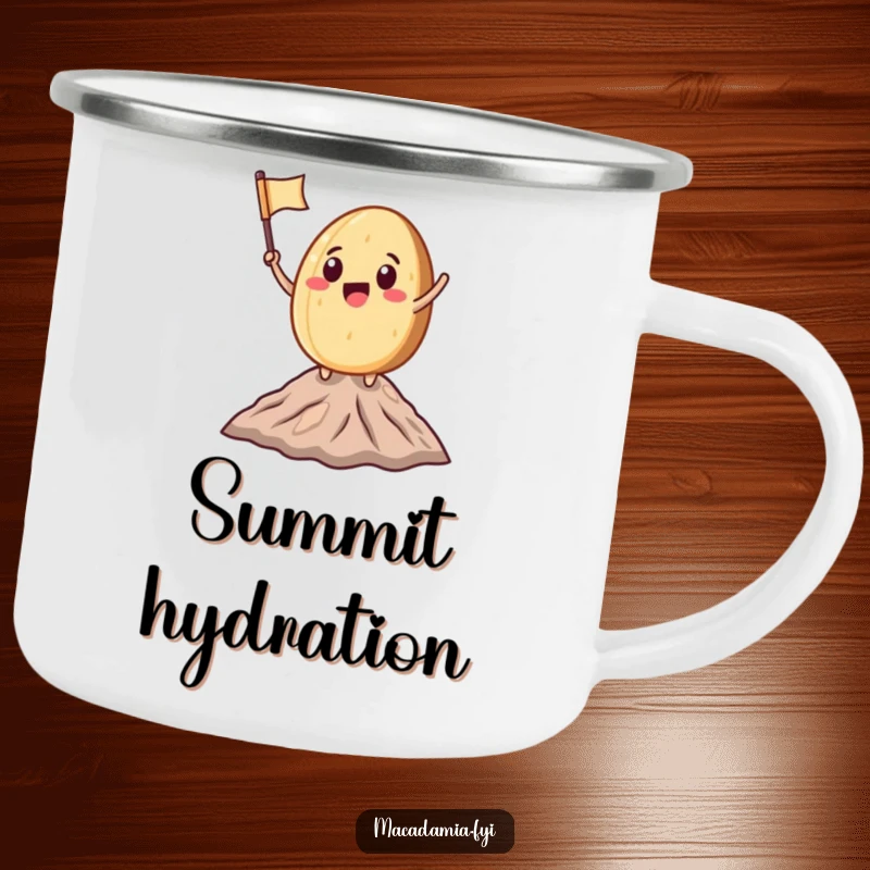 Funny Macadamia Nut character waving a miniature flag atop a small mountain peak, designed for humorous outdoor enjoyment and durability.