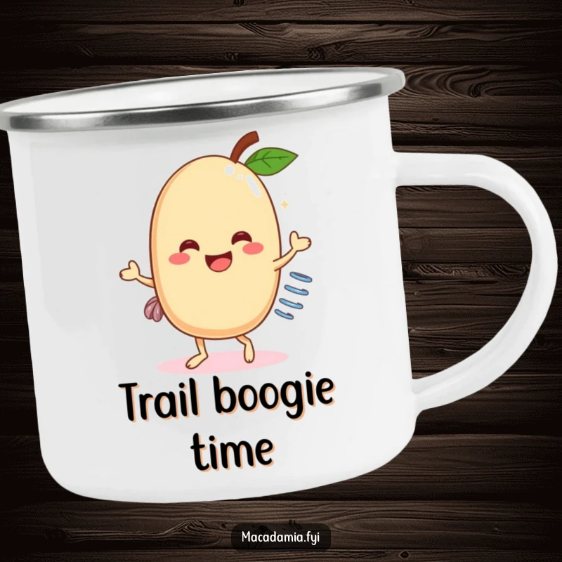 Funny Macadamia Nut Dancer Camping Mug: A joyful macadamia nut with a spring, dancing energetically, perfect for outdoor adventures and laughs.