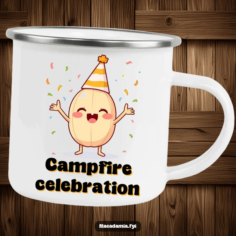 Durable funny camping mug with a macadamia nut in a party hat tossing confetti.