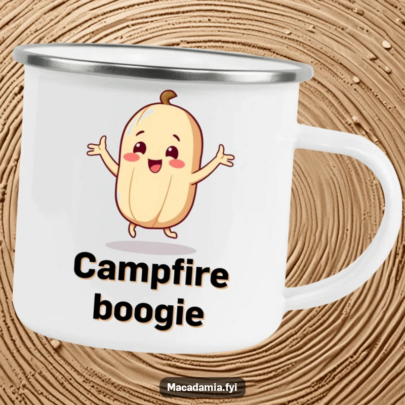 Funny Nut Camping Mug: A macadamia nut character dances with flailing arms joyfully, perfect for humorous outdoor adventures.